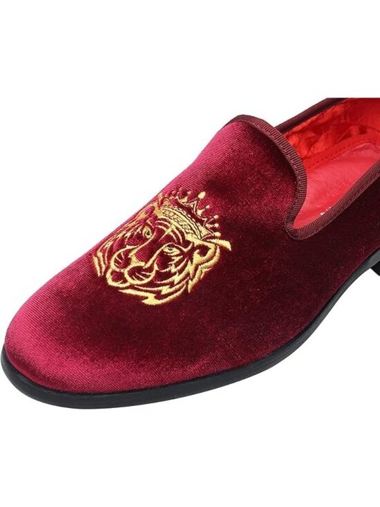 Elanroman Mens Size 10 Loafers Rich Red Velvet Embroidered Tiger Design main image 4